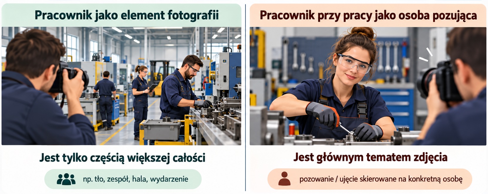 Pracownik w fabryce zajmujący się montażem, w tle widać inne osoby i maszyny.