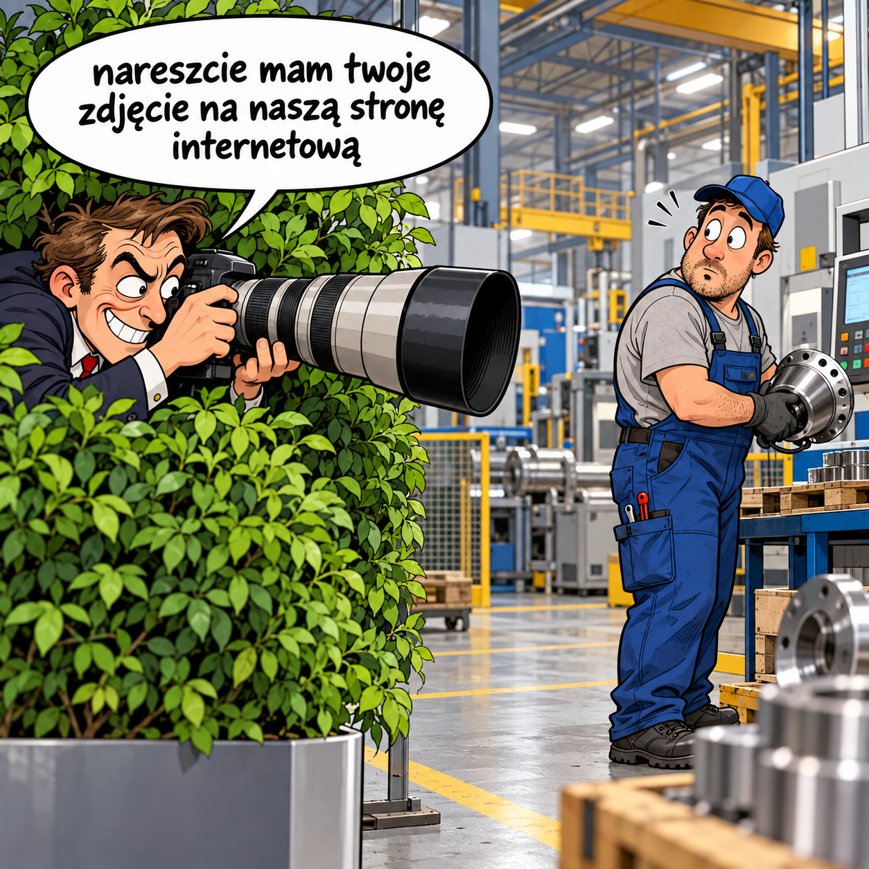 Mężczyzna w garniturze z aparatem fotograficznym ukryty za krzewem, robi zdjęcie zaskoczonemu pracownikowi w niebieskim kombinezonie w fabryce.